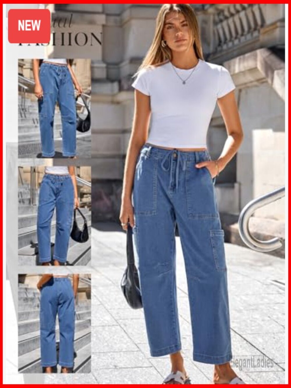 High Waisted Straight Wide Leg Cargo Jeans Loose Fit Cotton Denim Pants - Picture 5 of 7